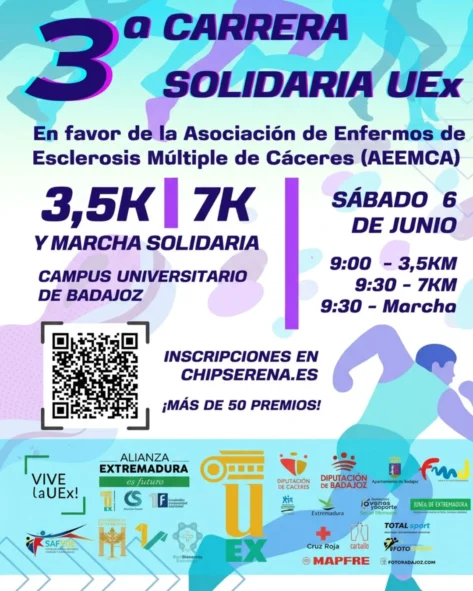 Cartel vertical de la III Carrera Solidaria UEx en favor de la Asociación de Enfermos de Esclerosis Múltiple de Cáceres (AEEMCA)