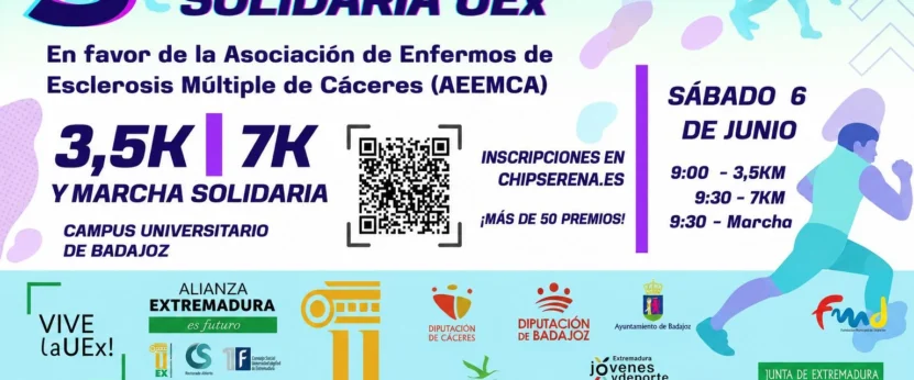 Cartel horizontal de la III Carrera Solidaria UEx en favor de la Asociación de Enfermos de Esclerosis Múltiple de Cáceres (AEEMCA)