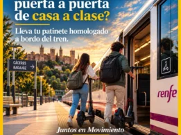 Cartel que anuncia la posibilidad de viajar en tren con patinete